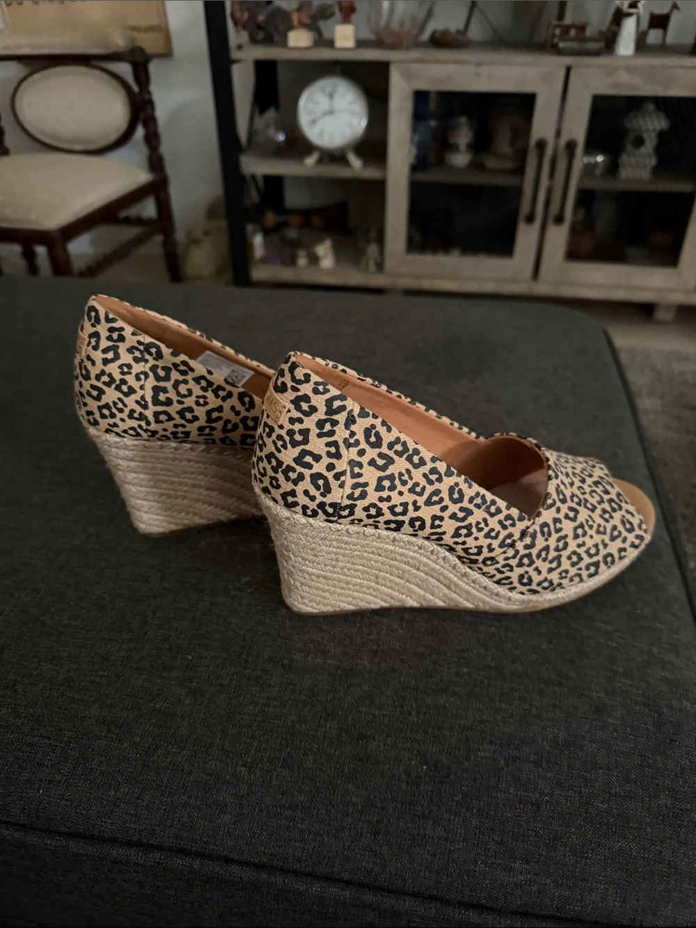 Brand new TOMS Leopard Print Peep-Toe Espadrille Wedges - Beige/Black